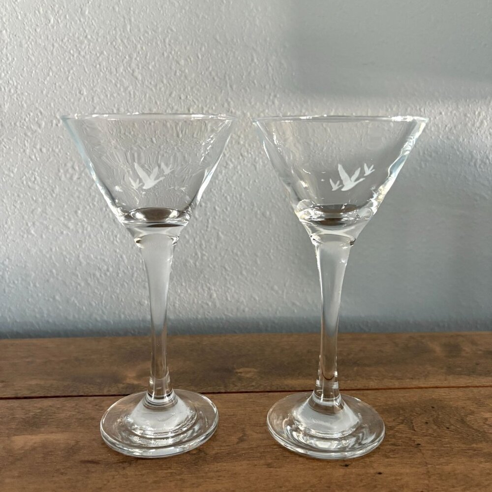Grey Goose Vodka Martini Glass Set of 2 Glasses Etched Logo Stemmed‎ 6.75 In